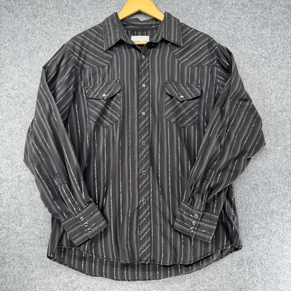 Wrangler Wrancher Western Shirt Mens XL Black Stripe Pearl Snap Long Sleeve